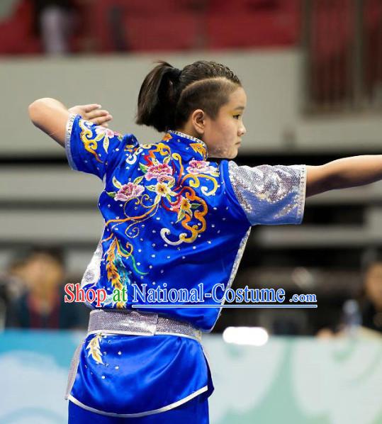 Top Blue Kung Fu Competition Championship Uniforms Pants Suit Taekwondo Apparel Karate Suits Attire Robe Championship Costume Chinese Kungfu Jacket Wear Dress Uniform Clothing Taijiquan Shaolin Chi Gong Taichi Suits for Men Women Kids