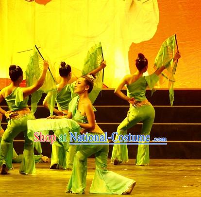 Chinese Green Leaf One Shoulder Dancewear Costumes Dancer Costumes Girls Dance Costumes Chinese Dance Clothes Traditional Chinese Clothes