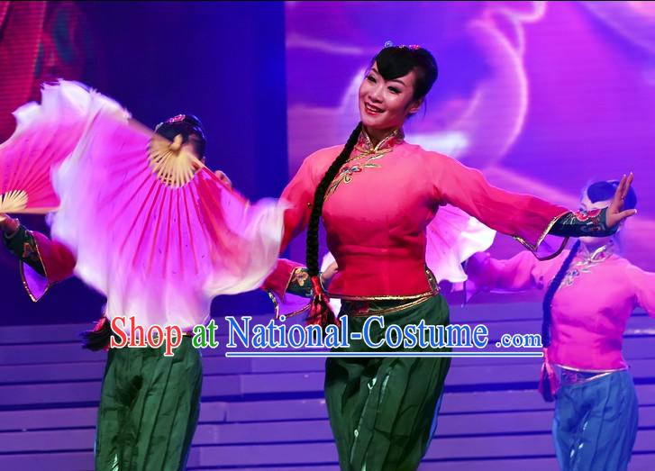 Chinese Traditional Han Ethnic Fan Dancing Dress Dancewear Costumes Dancer Costumes Dance Costumes Chinese Dance Clothes Traditional Chinese Clothes Complete Set for Women