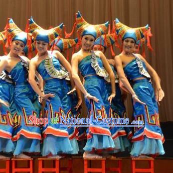 Chinese Traditional Ethnic Zhuang Dance Dress Dancewear Costumes Dancer Costumes Dance Costumes Chinese Dance Clothes Traditional Chinese Clothes Complete Set for Women