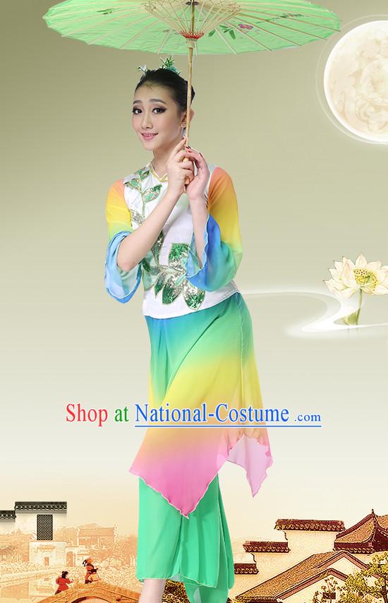 Chinese Traditional Stage Fan Dance Dancewear Costumes Dancer Costumes Dance Costumes Clothes and Headdress Complete Set for Women Children