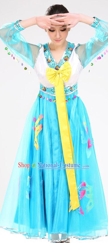 Chinese Traditional Stage Fan Dance Dancewear Costumes Dancer Costumes Dance Costumes Clothes and Headdress Complete Set for Women Children