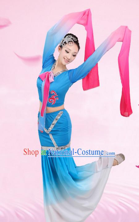 Chinese Traditional Stage Water Sleeves Dance Dancewear Costumes Dancer Costumes Dance Costumes Clothes and Headdress Complete Set for Children