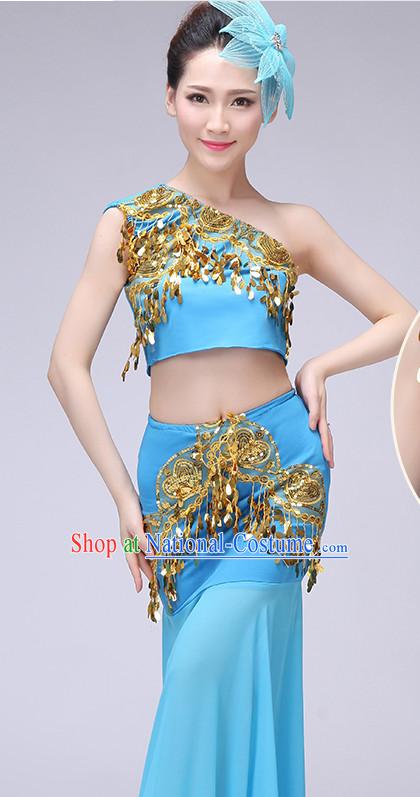 Chinese Traditional Stage Dai Minority Ethnic Dance Dancewear Costumes Dancer Costumes Dance Costumes Clothes and Headdress Complete Set for Women