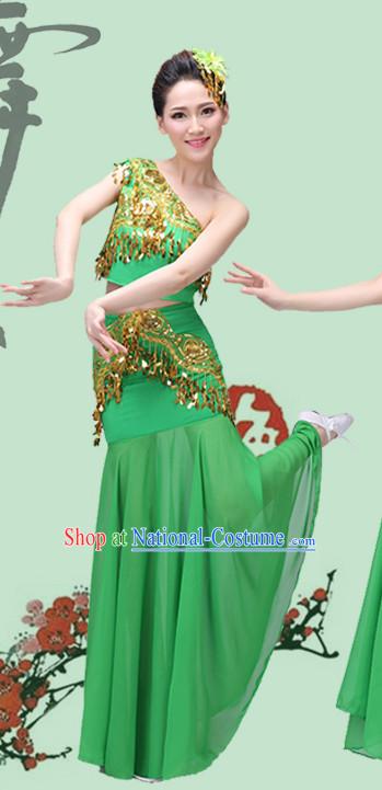 Green Chinese Traditional Stage Dai Minority Ethnic Dance Dancewear Costumes Dancer Costumes Dance Costumes Clothes and Headdress Complete Set for Women