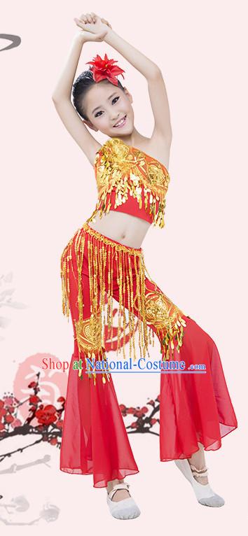 Red Chinese Traditional Stage Dai Minority Ethnic Peacock Dance Dancewear Costumes Dancer Costumes Dance Costumes Clothes and Headdress Complete Set for Girls Kids