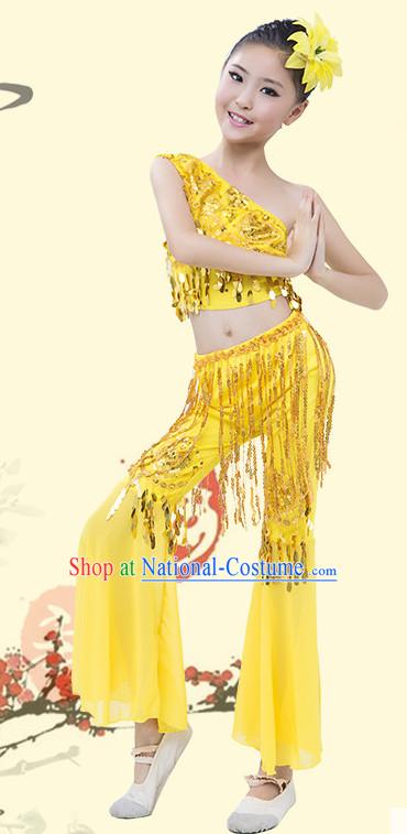 Yellow Chinese Traditional Stage Dai Minority Ethnic Peacock Dance Dancewear Costumes Dancer Costumes Dance Costumes Clothes and Headdress Complete Set for Girls Kids