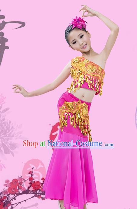 Purple Chinese Traditional Stage Dai Minority Ethnic Peacock Dance Dancewear Costumes Dancer Costumes Dance Costumes Clothes and Headdress Complete Set for Girls Kids