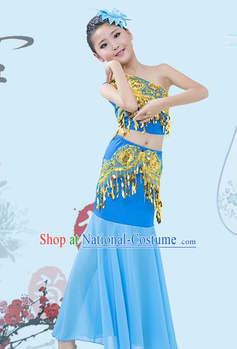 Blue Chinese Traditional Stage Dai Minority Ethnic Peacock Dance Dancewear Costumes Dancer Costumes Dance Costumes Clothes and Headdress Complete Set for Girls Kids