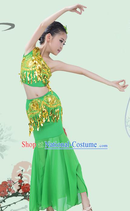 Green Chinese Traditional Stage Dai Minority Ethnic Peacock Dance Dancewear Costumes Dancer Costumes Dance Costumes Clothes and Headdress Complete Set for Girls Kids