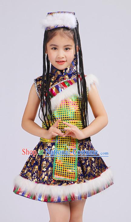 Chinese Traditional Stage Tibetan Minority Ethnic Dance Dancewear Costumes Dancer Costumes Dance Costumes Clothes and Headdress Complete Set for Girls Kids