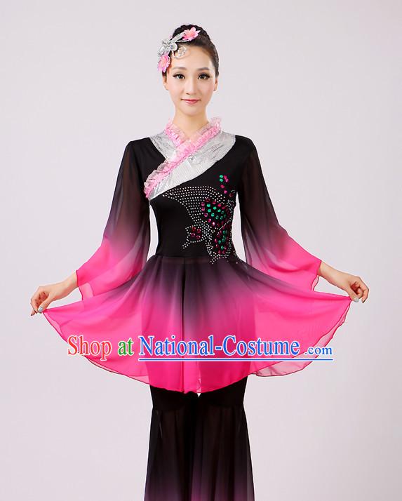 Chinese Traditional Stage Fan Dance Dancewear Costumes Dancer Costumes Dance Costumes Clothes and Headdress Complete Set for Girls Ladies