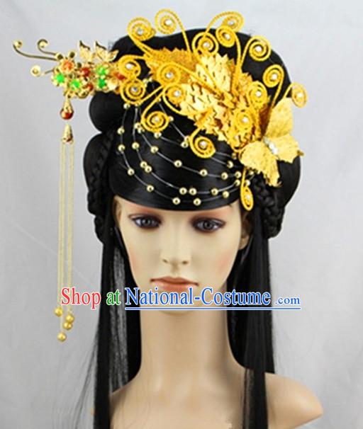 Chinese Classical Princess Gold Headwear Headdress and Long Wigs