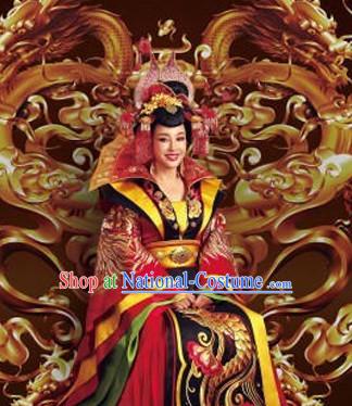 Tang Dynasty Chinese Traditional Ancient Empress Costumes Garment and Hair Jewelry Complete Set for Women Girls