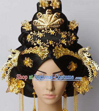 Chinese Classical Princess Queen Empress Hair Jewelry Headwear Headdress and Long Wigs