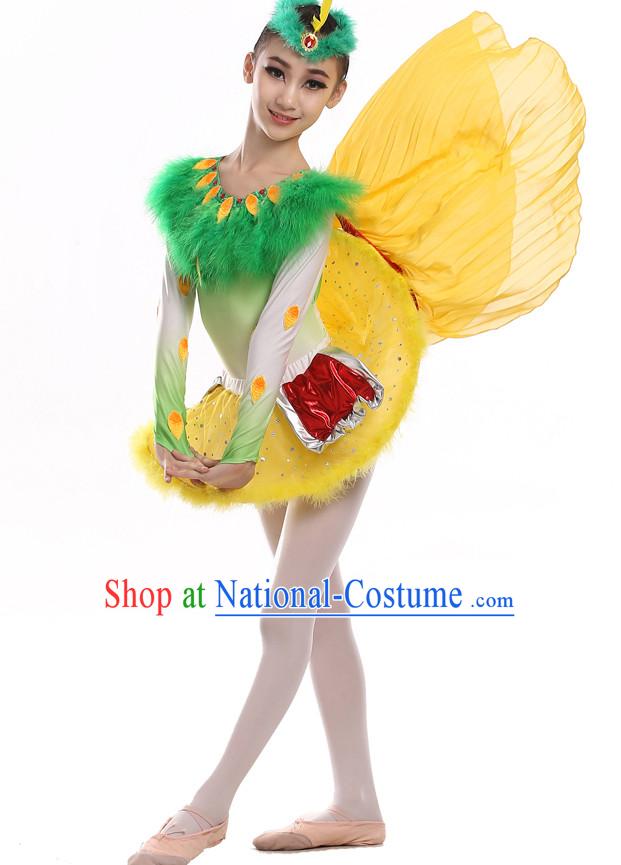 Chinese Traditional Bird Dance Costumes and Hat Complete Set for Kids