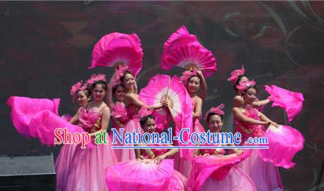 Traditional Asian Chinese Pink Flower Dancing Costumes Complete Set for Women