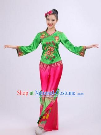 Chinese Folk Dance Costumes Traditional Chinese Fan Dancing Costume Ribbon Dancewear and Headwear Complete Set for Women Girls or Kids