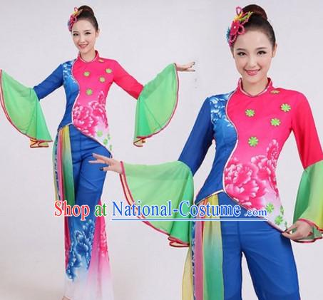 Chinese Folk Dance Costumes Traditional Chinese Fan Dancing Costume Ribbon Dancewear and Headwear Complete Set for Women Girls or Kids