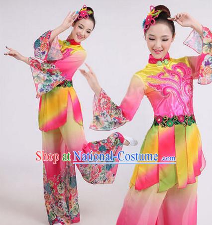 Chinese Folk Dance Costumes Traditional Chinese Fan Dancing Costume Ribbon Dancewear and Headwear Complete Set for Women Girls or Kids