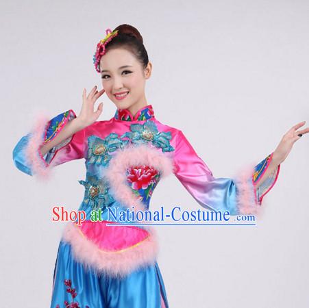 Chinese Folk Dance Costumes Traditional Chinese Fan Dancing Costume Ribbon Dancewear and Headwear Complete Set for Women Girls or Kids