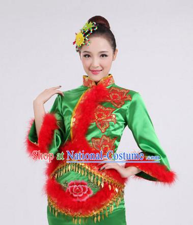 Chinese Folk Dance Costumes Traditional Chinese Fan Dancing Costume Ribbon Dancewear and Headwear Complete Set for Women Girls or Kids