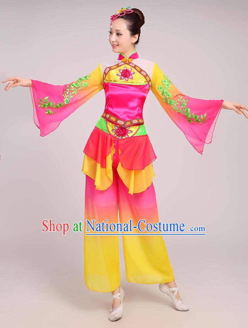 Chinese Folk Dance Costumes Traditional Chinese Fan Dancing Costume Ribbon Dancewear and Headwear Complete Set for Women Girls or Kids