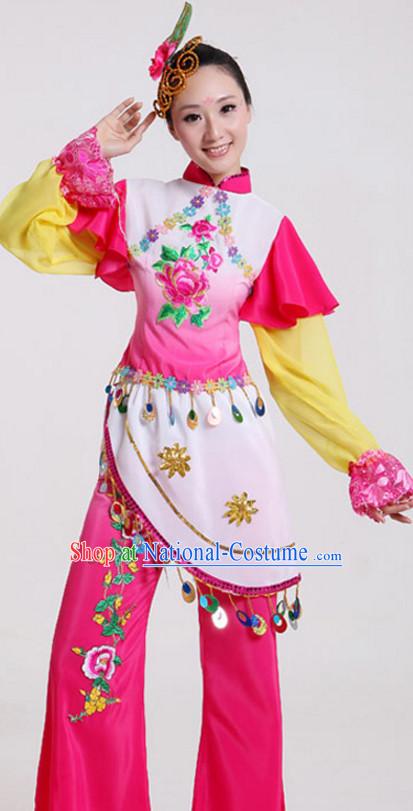 Chinese Folk Dance Costumes Traditional Chinese Fan Dancing Costume Ribbon Dancewear and Headwear Complete Set for Women Girls or Kids