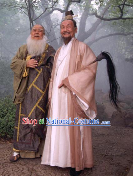 Chinese Ancient Male Taoist Costumes and Horsetail Whisk Complete Set