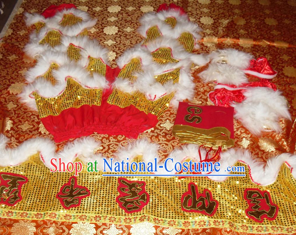 Gold Color White Wool Top Asian Chinese Troupe Performance 2 Pairs of Lion Dance Pants and Claws