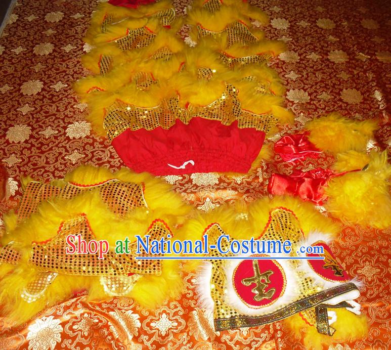 Red Color Yellow Wool Top Asian Chinese Troupe Performance 2 Pairs of Lion Dance Pants and Claws