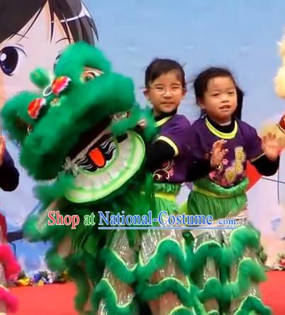 Green Top 100_ Natural Long Wool Elementary Lion Dance Costumes Complete Set for Kids Children Boys Girls