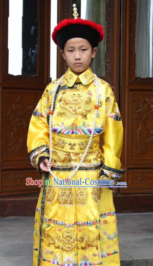 Qing Dynasty Chinese Emperor Embroidered Dragon Robe Hanfu Dresses Garment and Crown Complete Set for Men and Boys