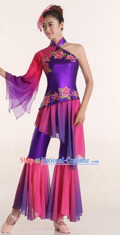 One Shoulder Chinese Festival Celebration Fan Dance Costumes and Headdress Complete Set for Women