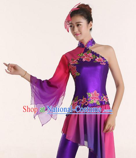 Chinese Folk dancing Costumes Traditional Chinese Fan Dancing Costume Ribbon dancingwear and Headwear