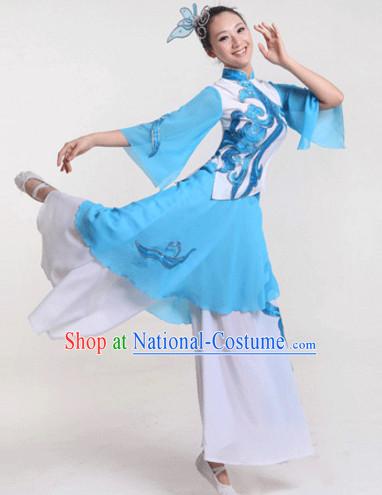 Blue Chinese Folk Fan Dancewear and Headdress Complete Set for Women