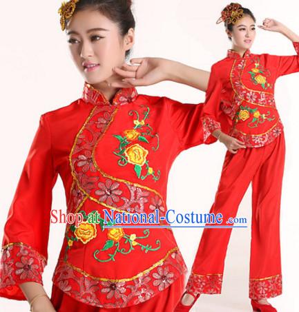 Chinese New Year Fan Dance Costumes and Headdress Complete Set for Women