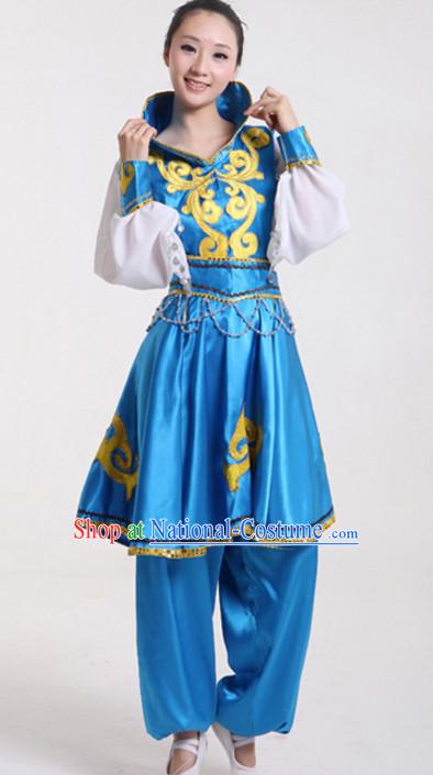 High Collar Blue Chinese Folk Fan Dancing Costumes Complete Set for Women