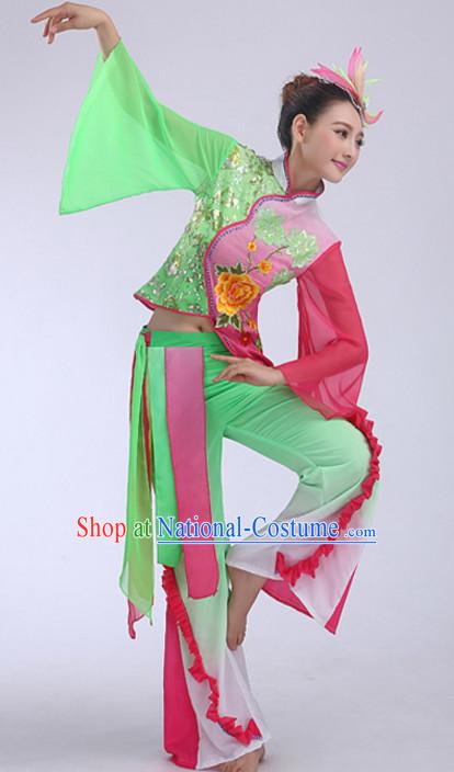 Light Green Chinese Folk Fan Dancing Costumes and Headdress Complete Set for Women