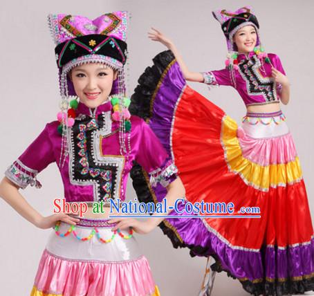 Purple Chinese Traditional Ethnic Minority Dance Costumes Dancing Outfits and Hat Complete Set for Women or Girls