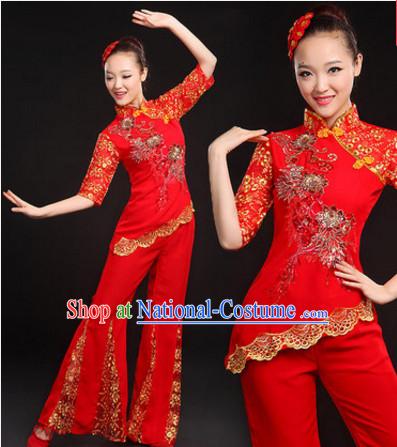 Red Chinese Traditional Han Minority Handkerchief Dance Costumes Dancing Outfits and Hat Complete Set for Women or Girls