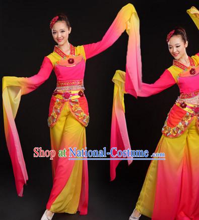 Long Sleeves Chinese Classical Dance Costumes Dancing Outfits and Hair Jewelry Complete Set for Women or Girls