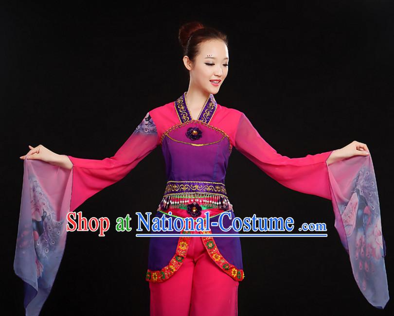 Chinese Water Sleeve Classical Dance Costumes Dancewear and Hair Decorations Complete Set for Women or Girls