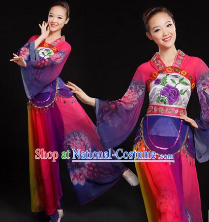 Chinese Folk dancing Costumes Traditional Chinese Fan Dancing Costume Ribbon dancingwear and Headwear