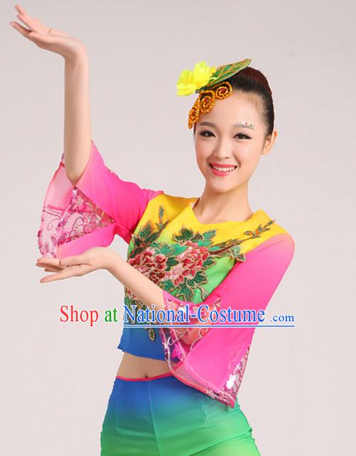 Chinese Folk dancing Costumes Traditional Chinese Fan Dancing Costume Ribbon dancingwear and Headwear