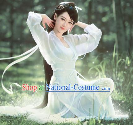 Chinese Ancient Beauty White Costumes and Headdress Complete Set for Women or Girls