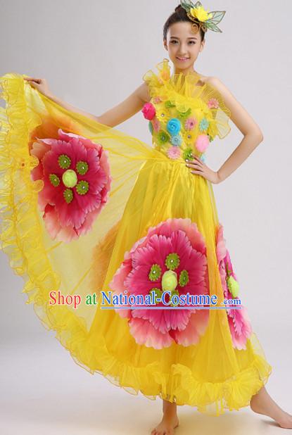 Yellow Chinese Folk Flower Dancing Costumes and Headdress Complete Set for Women