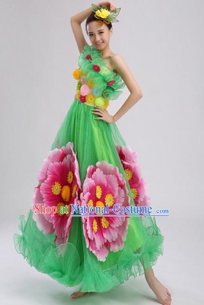 Green Chinese Folk Peony Flower Dance Costumes and Headdress Complete Set for Women