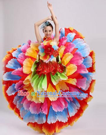 Chinese Stage Performance Colorful Flower Dance Costumes and Headdress Complete Set for Women