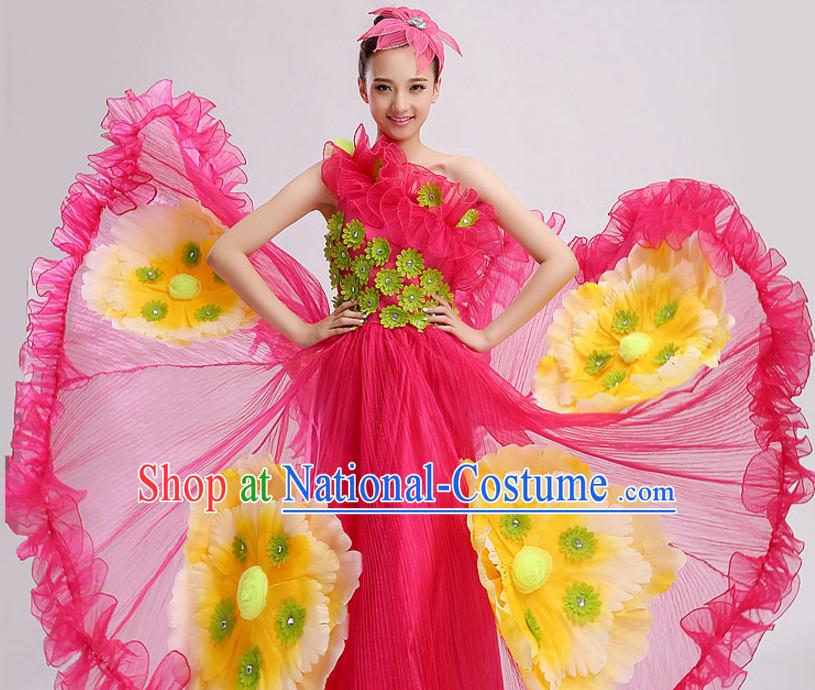 Chinese Stage Performance Flower Dance Costume and Headdress Complete Set for Women